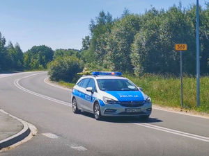 oznakowany radiowóz poruszający się po asfaltowej drodze