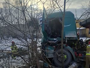Ciężarówka uderzyła w drzewo i ogrodzenie